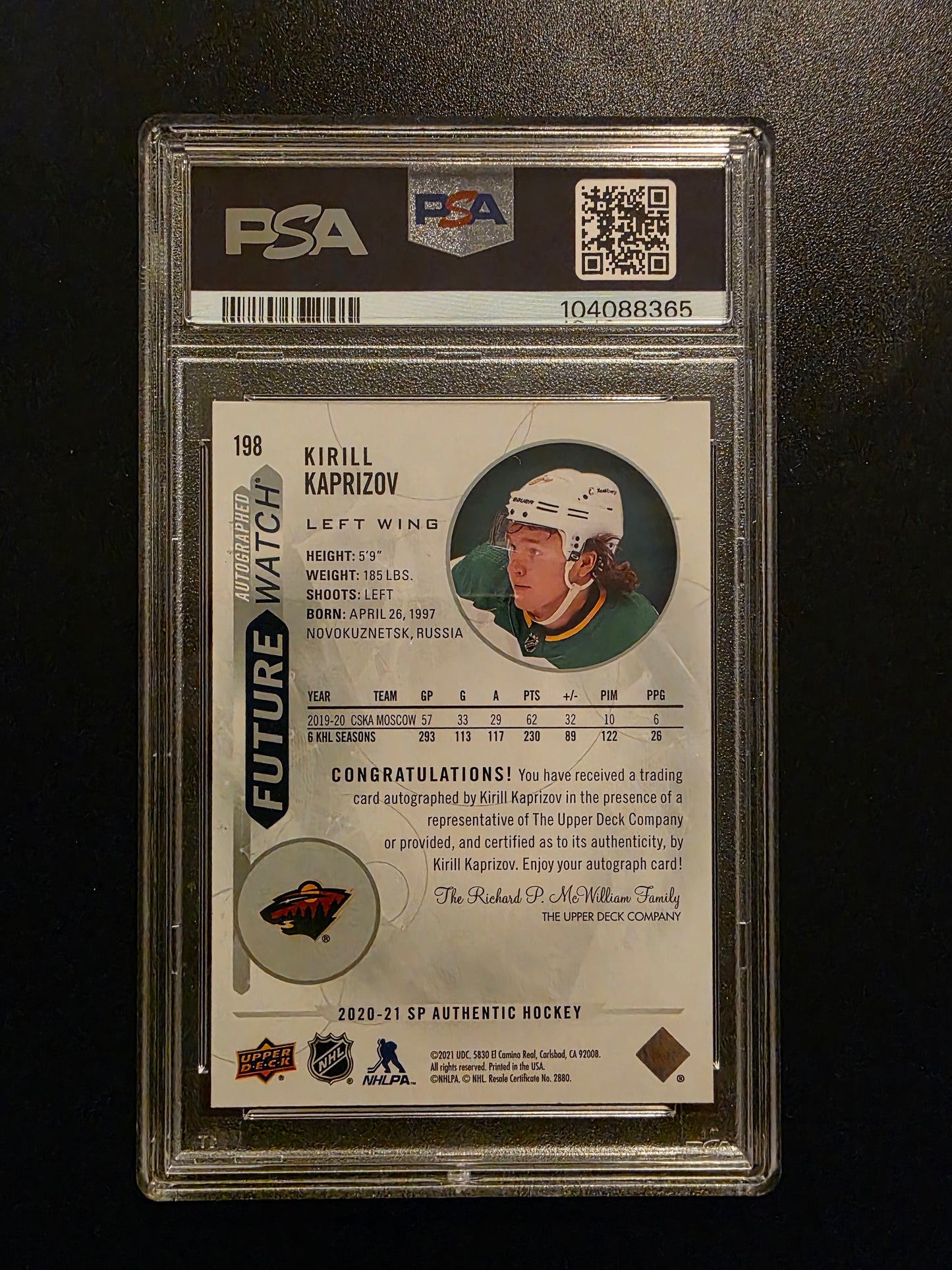 2020-21 Upper Deck SP Authentic - Autographed Future Watch - Kirill Kaprizov #198 /999 PSA9 RC