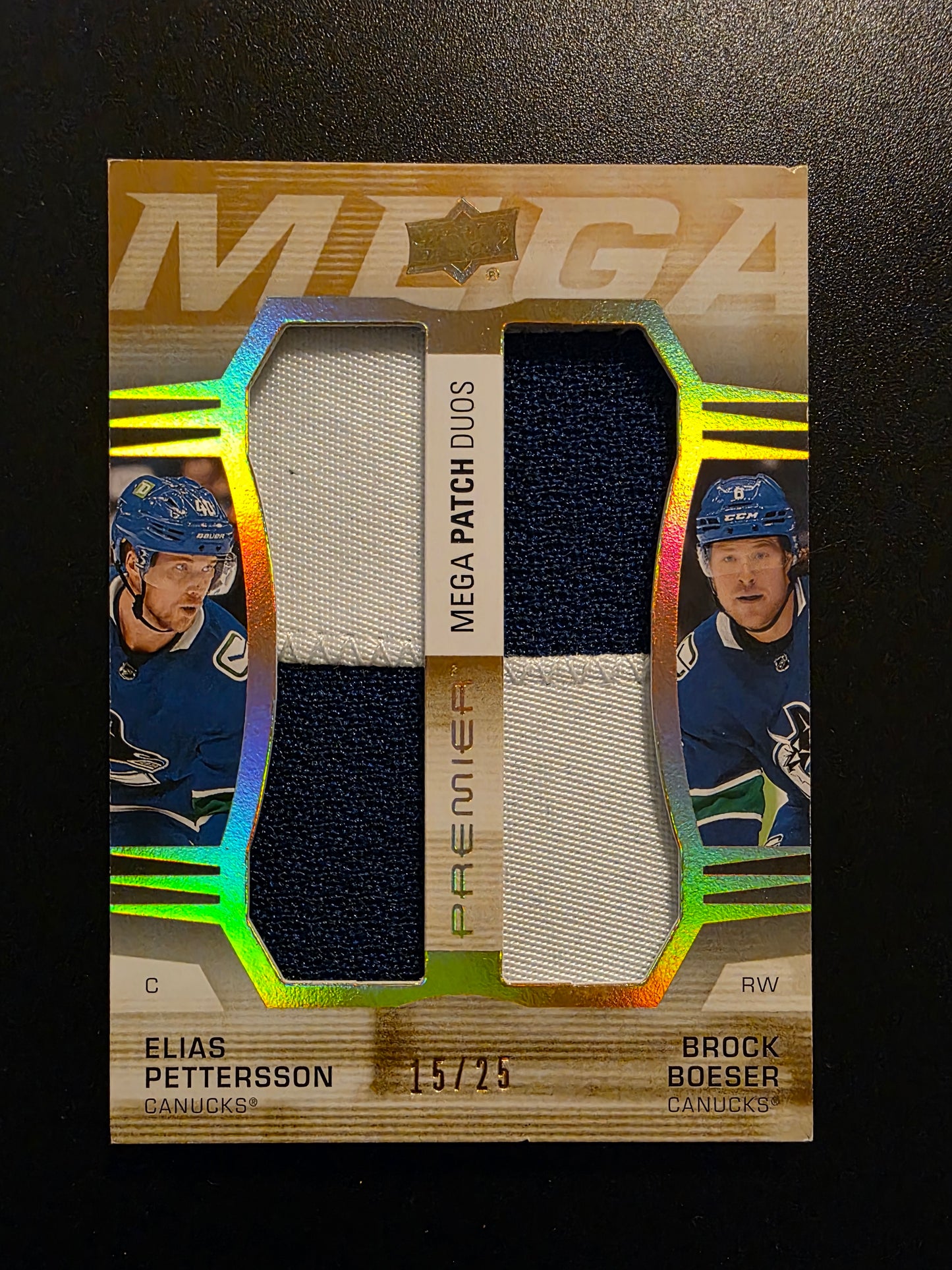 2021-22 Upper Deck Premier - Premier Mega Jersey Duos - Patch - Elias Pettersson / Brock Boeser #PM2-BP /25
