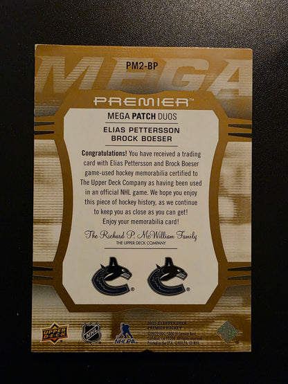 2021-22 Upper Deck Premier - Premier Mega Jersey Duos - Patch - Elias Pettersson / Brock Boeser #PM2-BP /25