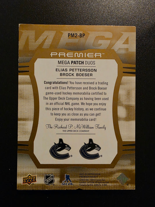 2021-22 Upper Deck Premier - Premier Mega Jersey Duos - Patch - Elias Pettersson / Brock Boeser #PM2-BP /25