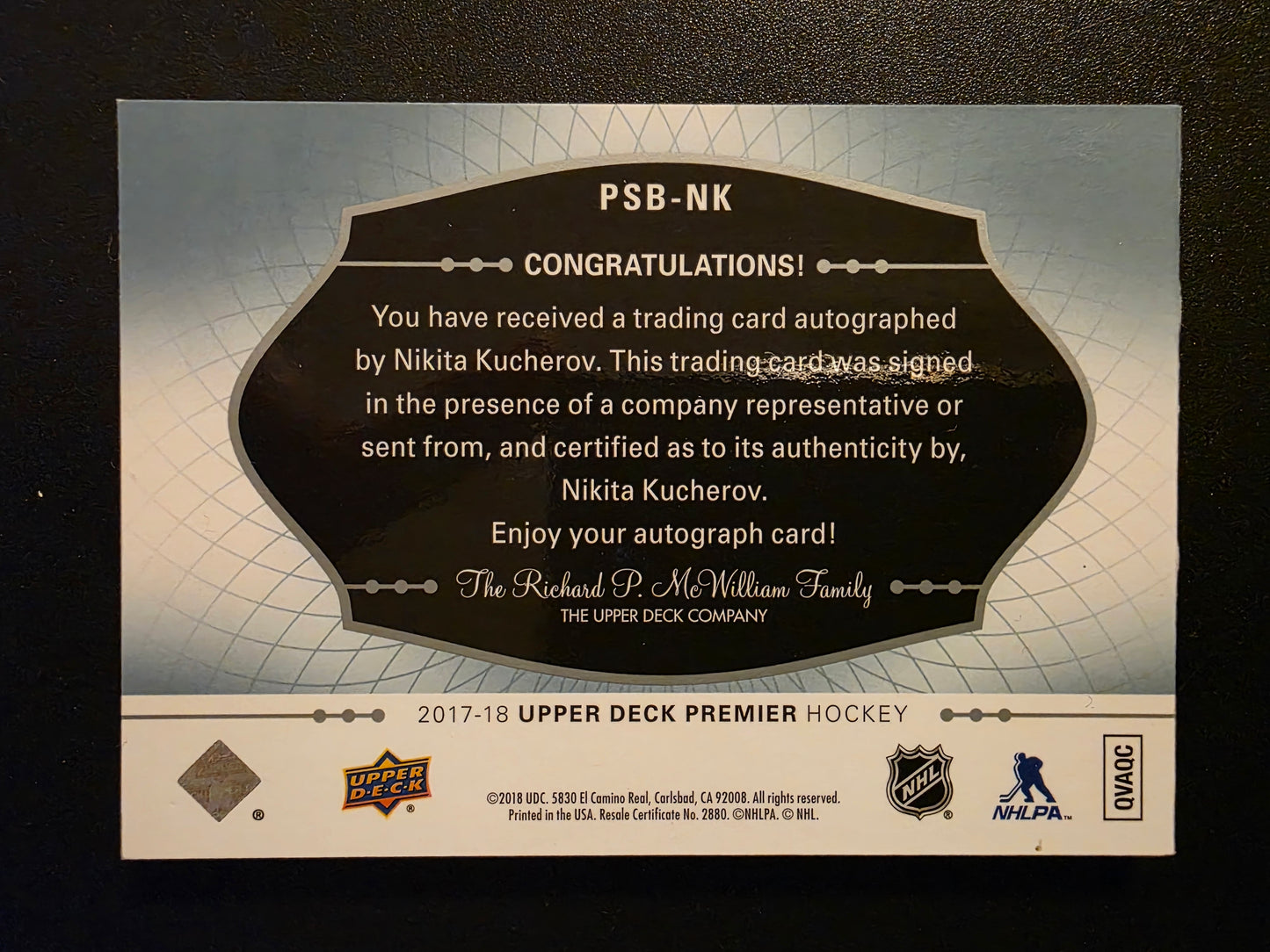 2017-18 Upper Deck Premier - Premier Signature Booklets - Nikita Kucherov #PSB-NK