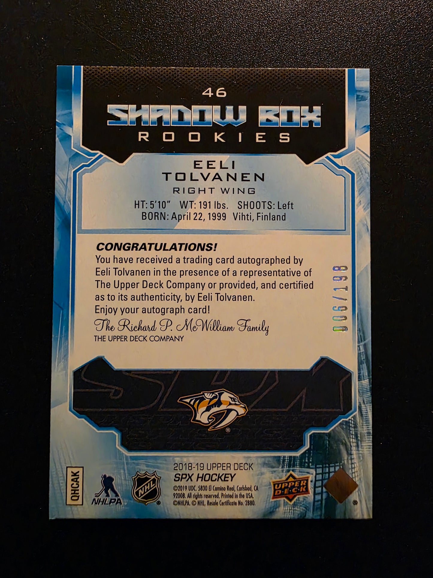 2018-19 Upper Deck SPx - Photo Variant Silver Autographs - Tier 1 - Shadow Box Rookies - Eeli Tolvanen #46 /198 RC