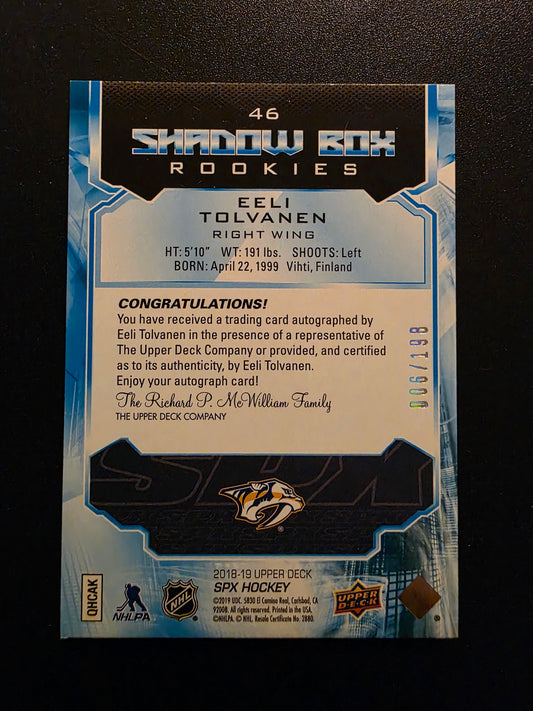 2018-19 Upper Deck SPx - Photo Variant Silver Autographs - Tier 1 - Shadow Box Rookies - Eeli Tolvanen #46 /198 RC