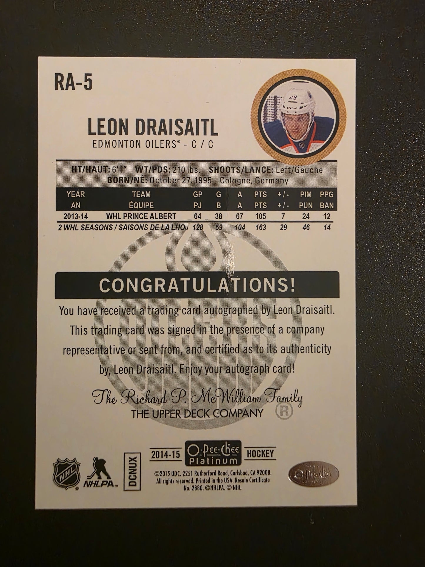 2014-15 Upper Deck OPC Platinum - Rookie Autographs - Leon Draisaitl #RA-5 RY
