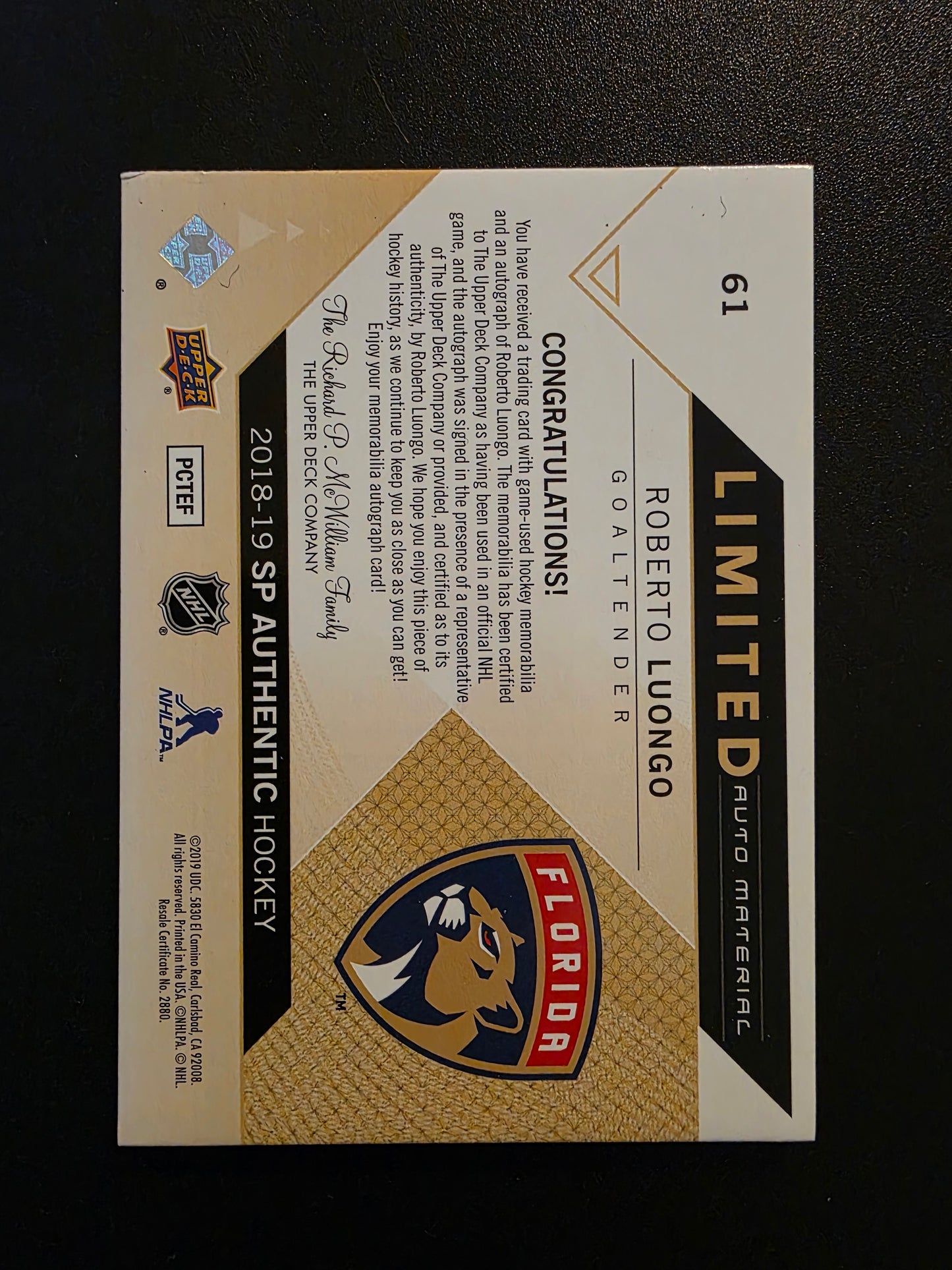 2018-19 Upper Deck SP Authentic - Limited Auto Material - Roberto Luongo #61 /25