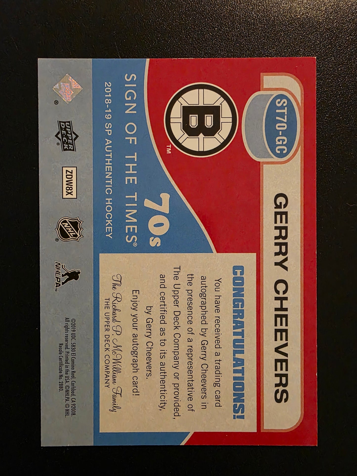 2018-19 Upper Deck SP Authentic - Sign of the Times 70s - 2019-20 SP Authentic Update - Gerry Cheevers #ST70-GC