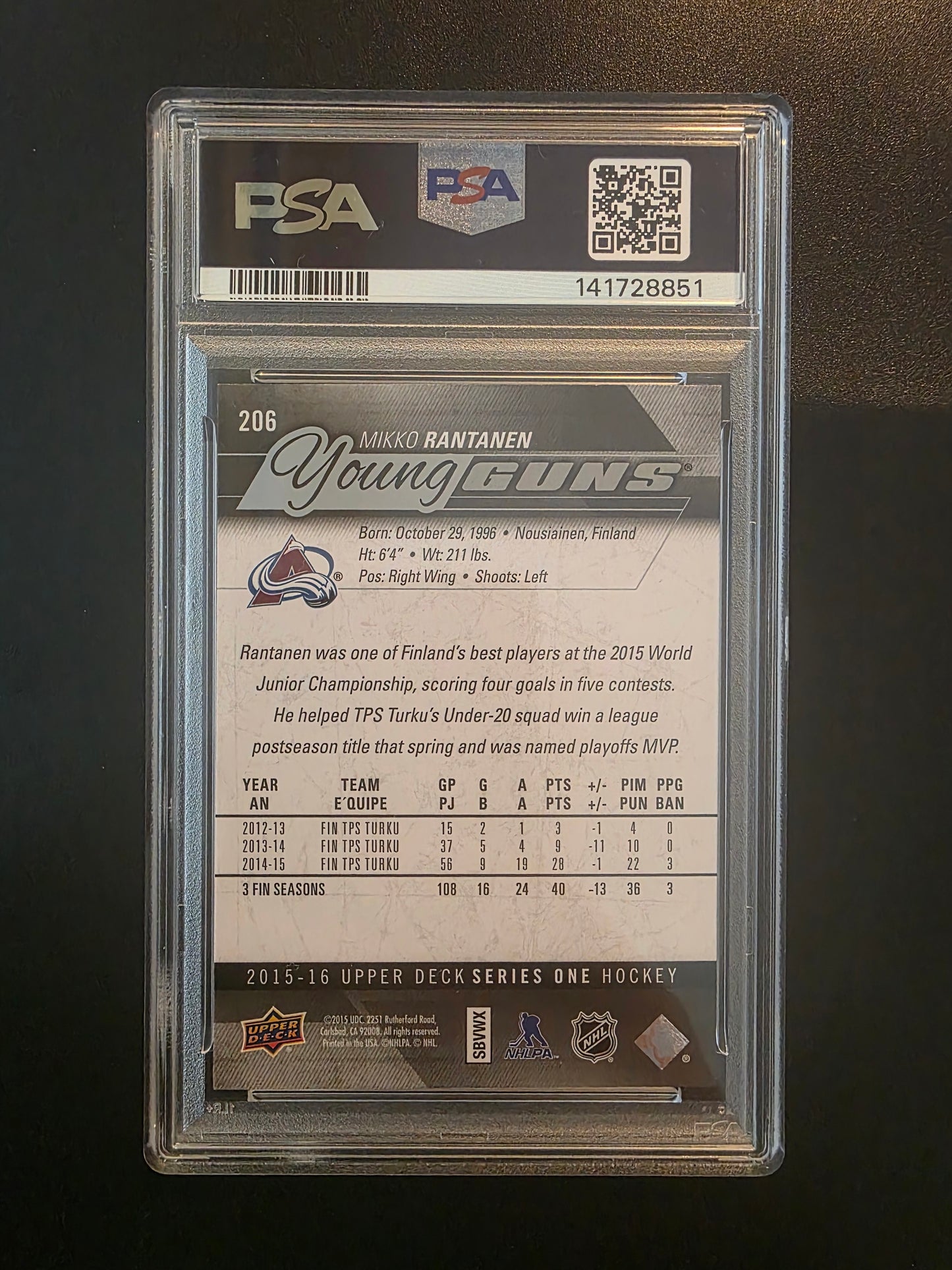 2015-16 Upper Deck Young Guns - Mikko Rantanen #206 PSA9 RC