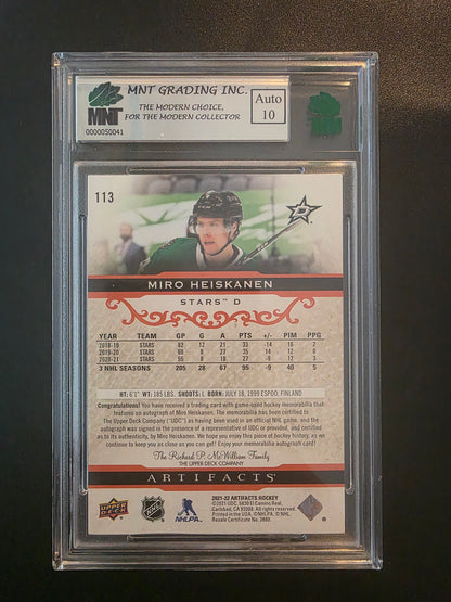 2021-22 Upper Deck Artifacts - Orange Auto Material Relics - Miro Heiskanen #113 /5 MINT 8.5