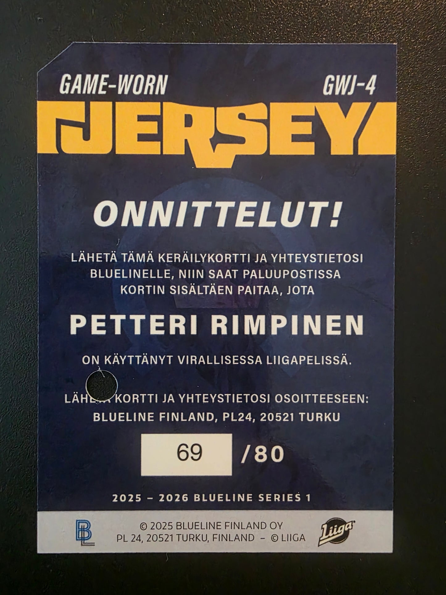 2025-26 Blueline Jersey - Petteri Rimpinen #GWJ-4 /80