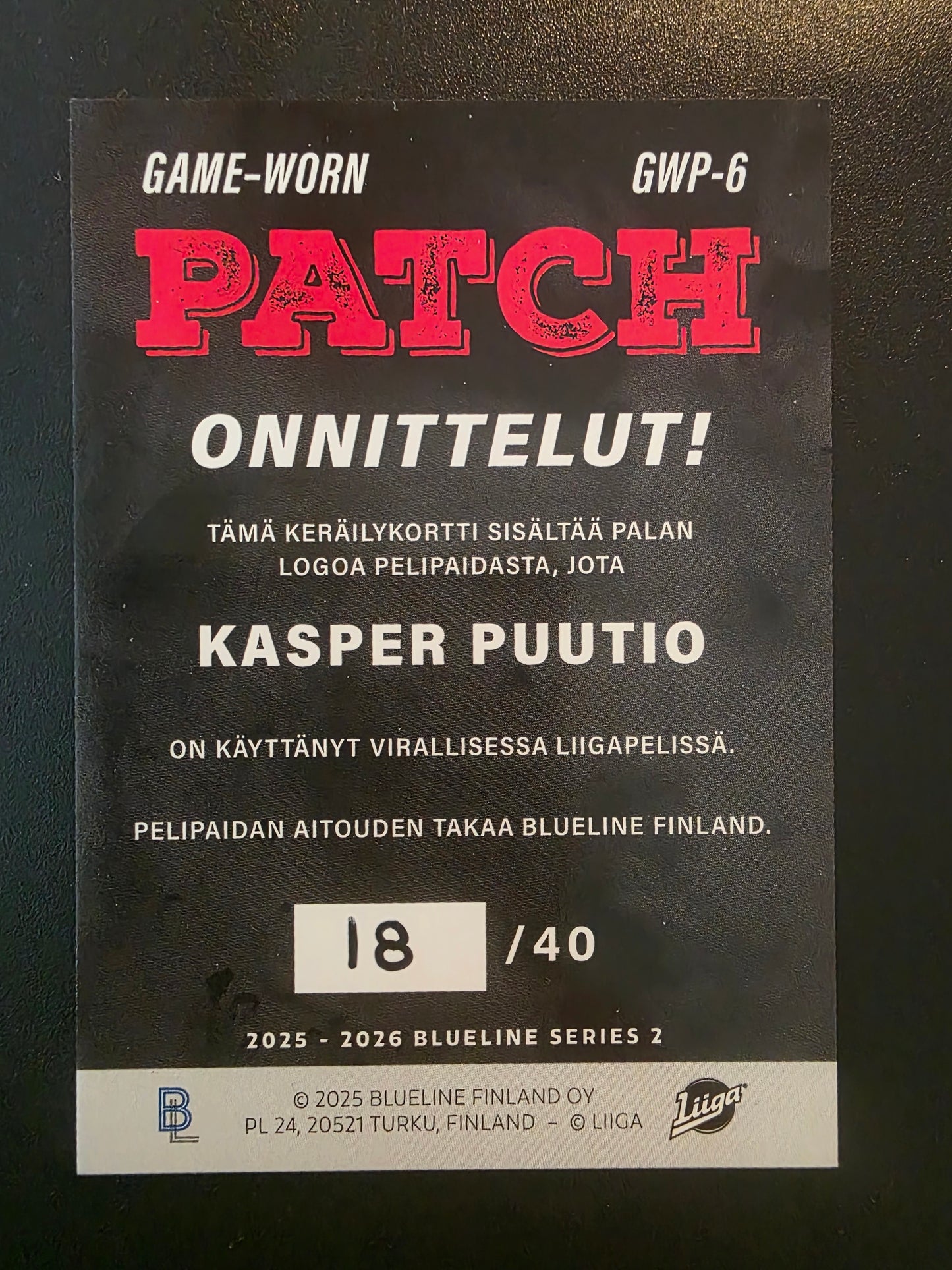 2025-26 Blueline Jersey - Kasper Puutio #GWP-6 /40