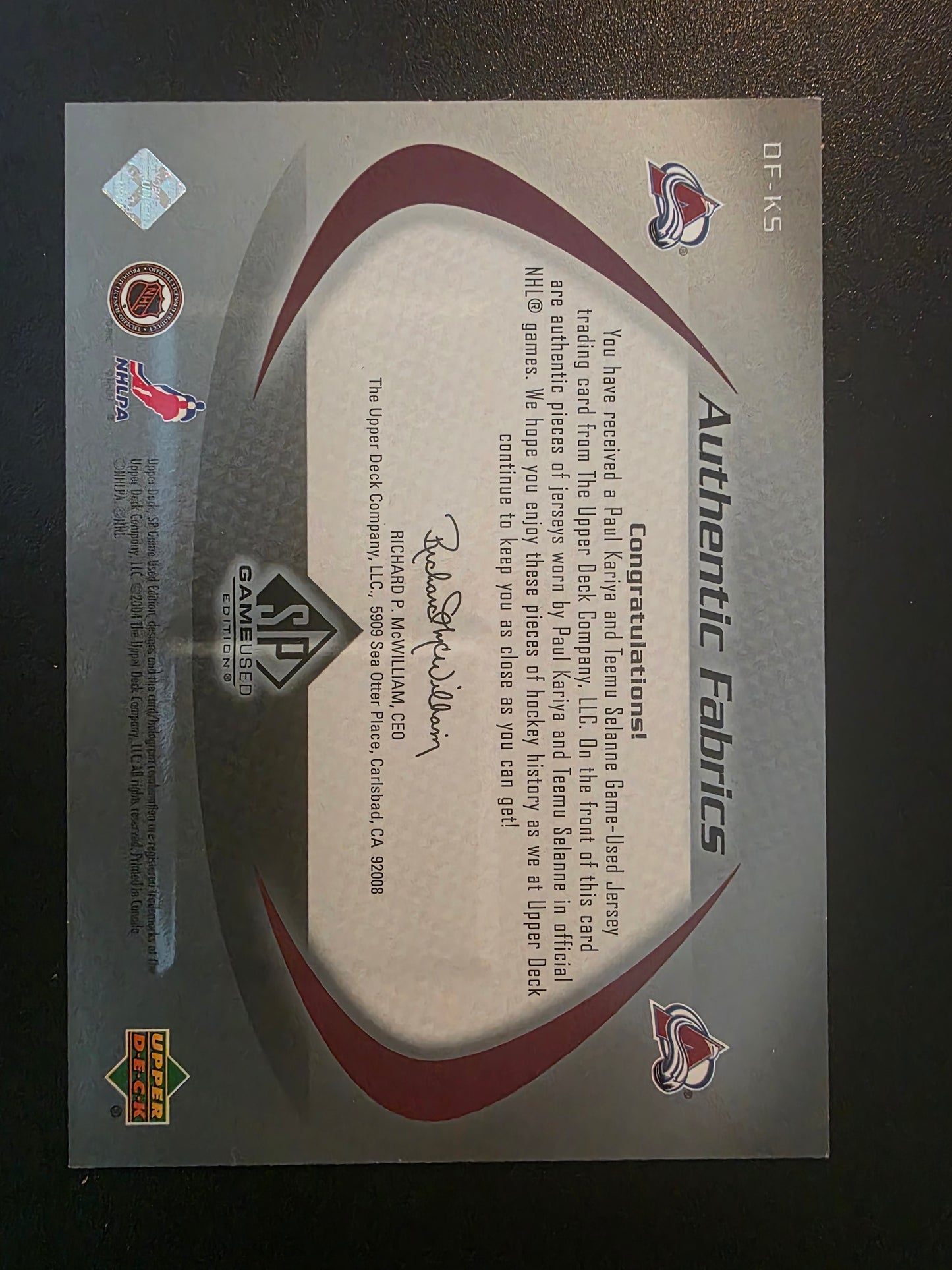 2003-04 Upper Deck SP Game Used Edition - Authentic Fabrics Dual - Paul Kariya / Teemu Selanne #DF-KS /99