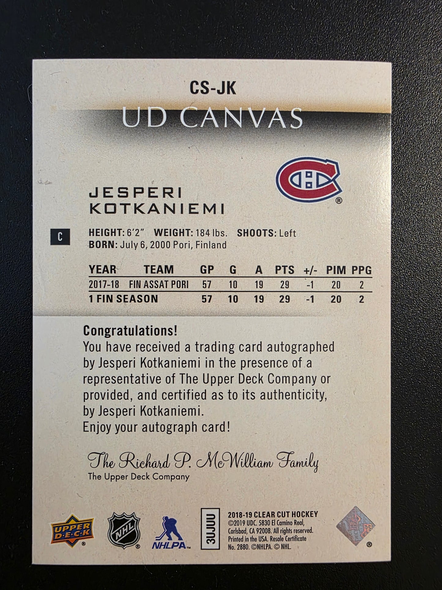 2018-19 Upper Deck Clear Cut - UD Canvas Signatures - Red Ink -  Jesperi Kotkaniemi #CS-JK /15 RY