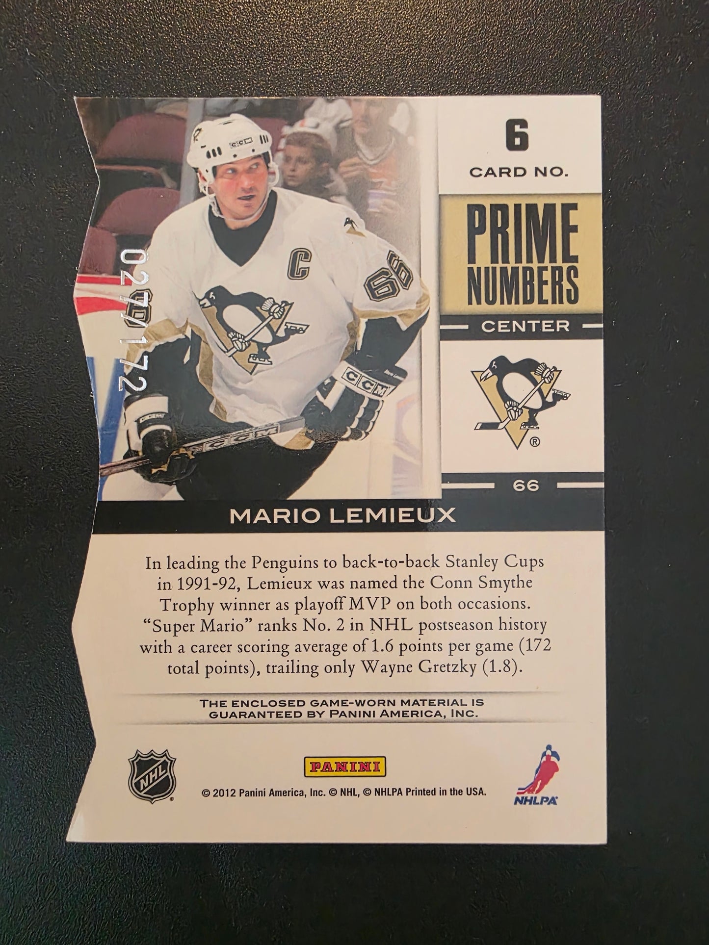 2011-12 Panini Elite - Prime Numbers - Jerseys - Mario Lemieux #6 /172