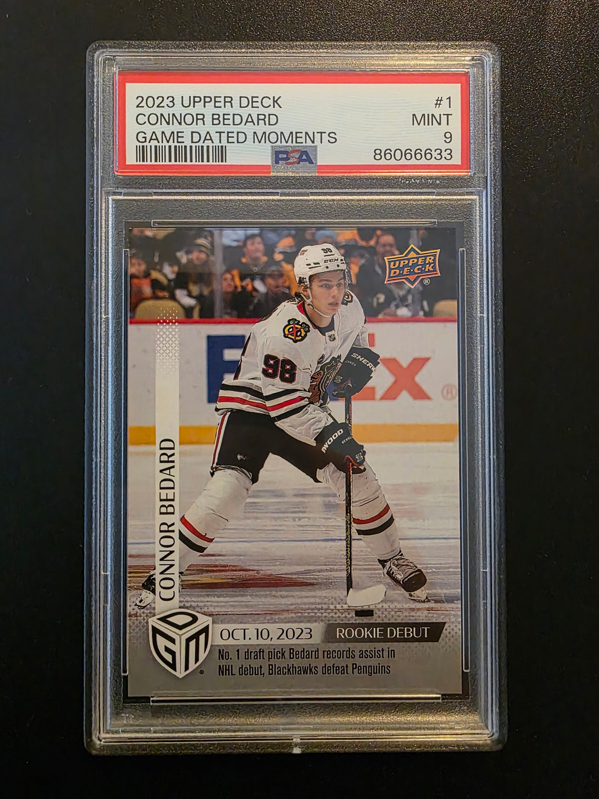2023-24 Upper Deck Game Dated Moments - Rookie Debut - Oct. 10, 2023 - Connor Bedard #1 PSA9 RY