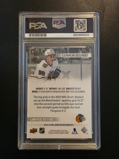 2023-24 Upper Deck Game Dated Moments - Rookie Debut - Oct. 10, 2023 - Connor Bedard #1 PSA9 RY
