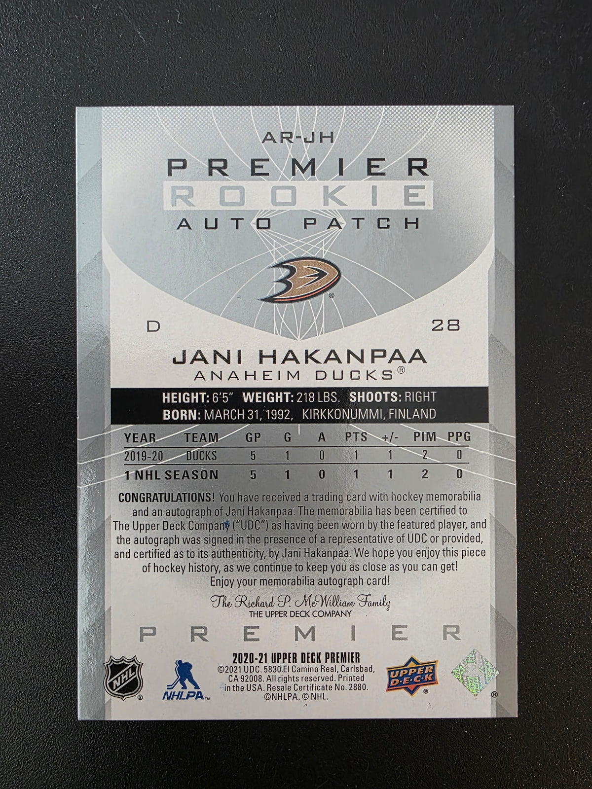 2020-21 Upper Deck Premier - Acetate Rookie Auto Patch - Jani Hakanpaa #AR-JH /249 RY