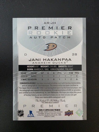 2020-21 Upper Deck Premier - Acetate Rookie Auto Patch - Jani Hakanpaa #AR-JH /249 RY
