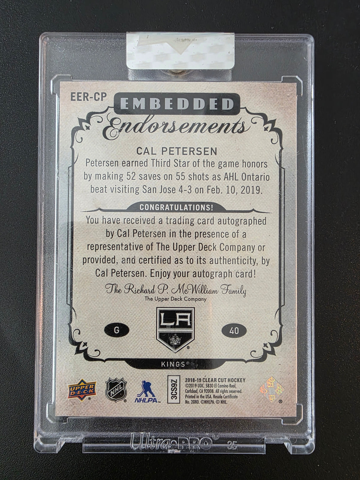 2018-19 Upper Deck Clear Cut - Embedded Endorsements Rookies - Cal Petersen #EER-CP /99 RY