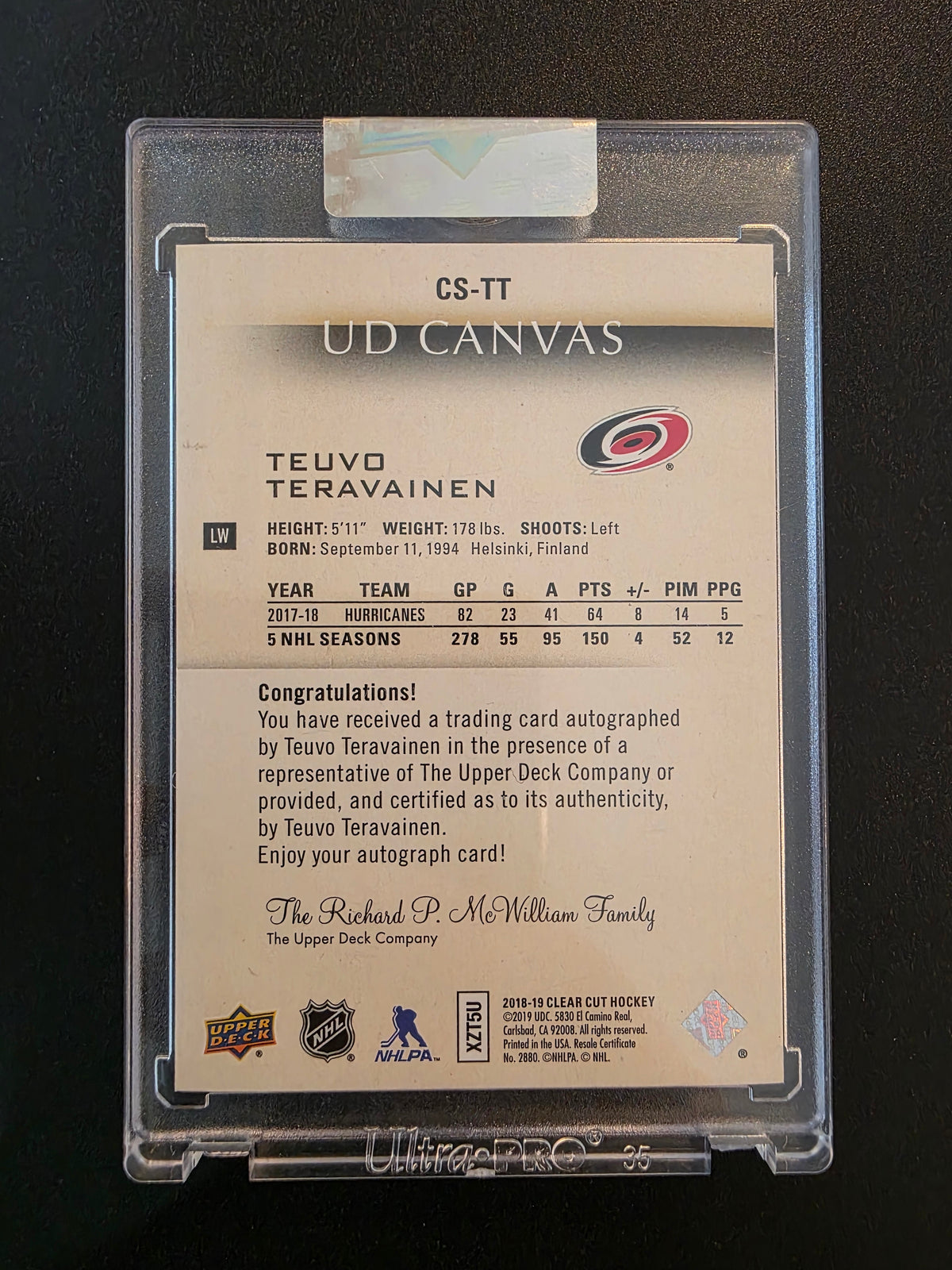 2018-19 Upper Deck Clear Cut - UD Canvas Signatures - Red Ink - Teuvo Teravainen #CS-TT /86