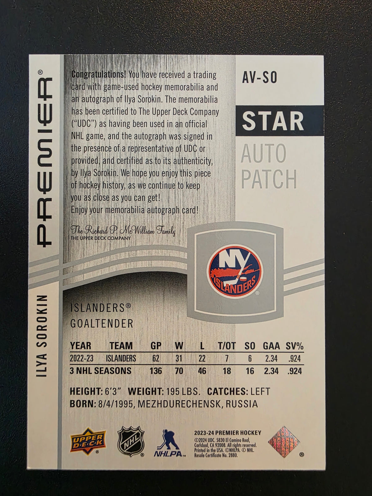 2023-24 Upper Deck Premier - Acetate Star Auto Patch - Ilya Sorokin #AV-SO /35