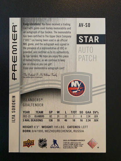 2023-24 Upper Deck Premier - Acetate Star Auto Patch - Ilya Sorokin #AV-SO /35