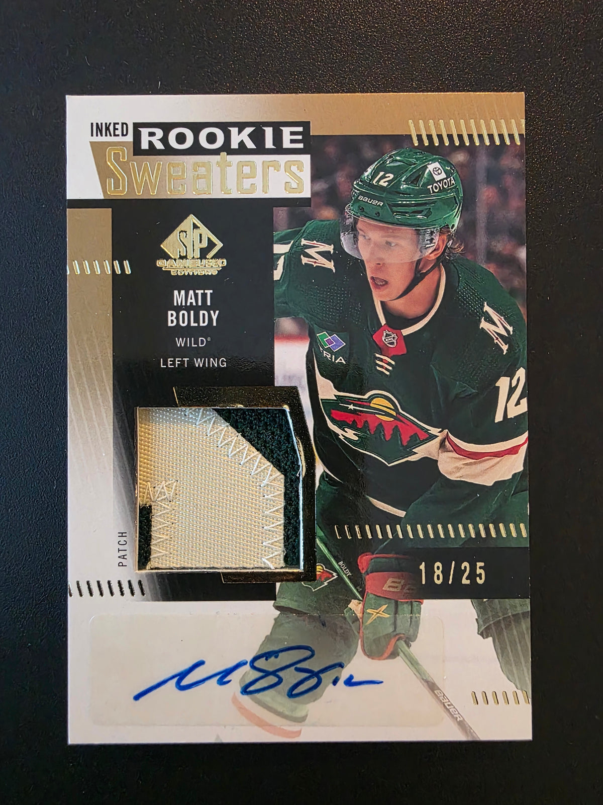 2022-23 Upper Deck SP Game Used Edition - Inked Rookie Sweaters - Patch - Matt Boldy #RS-BO /25 RY