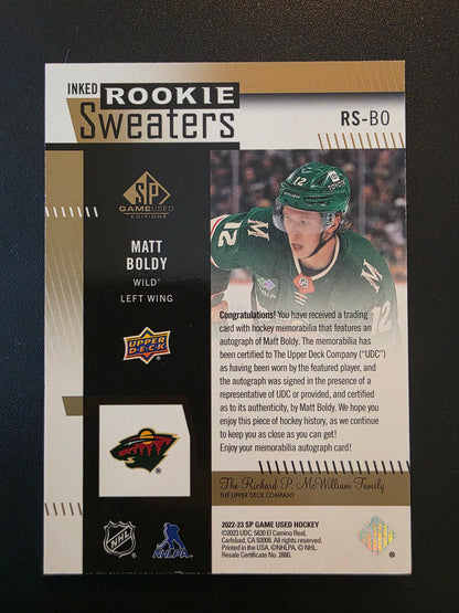 2022-23 Upper Deck SP Game Used Edition - Inked Rookie Sweaters - Patch - Matt Boldy #RS-BO /25 RY