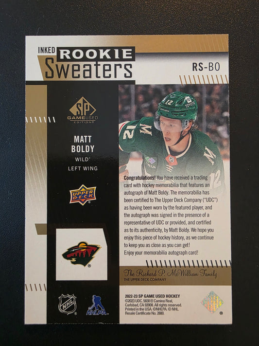 2022-23 Upper Deck SP Game Used Edition - Inked Rookie Sweaters - Patch - Matt Boldy #RS-BO /25 RY
