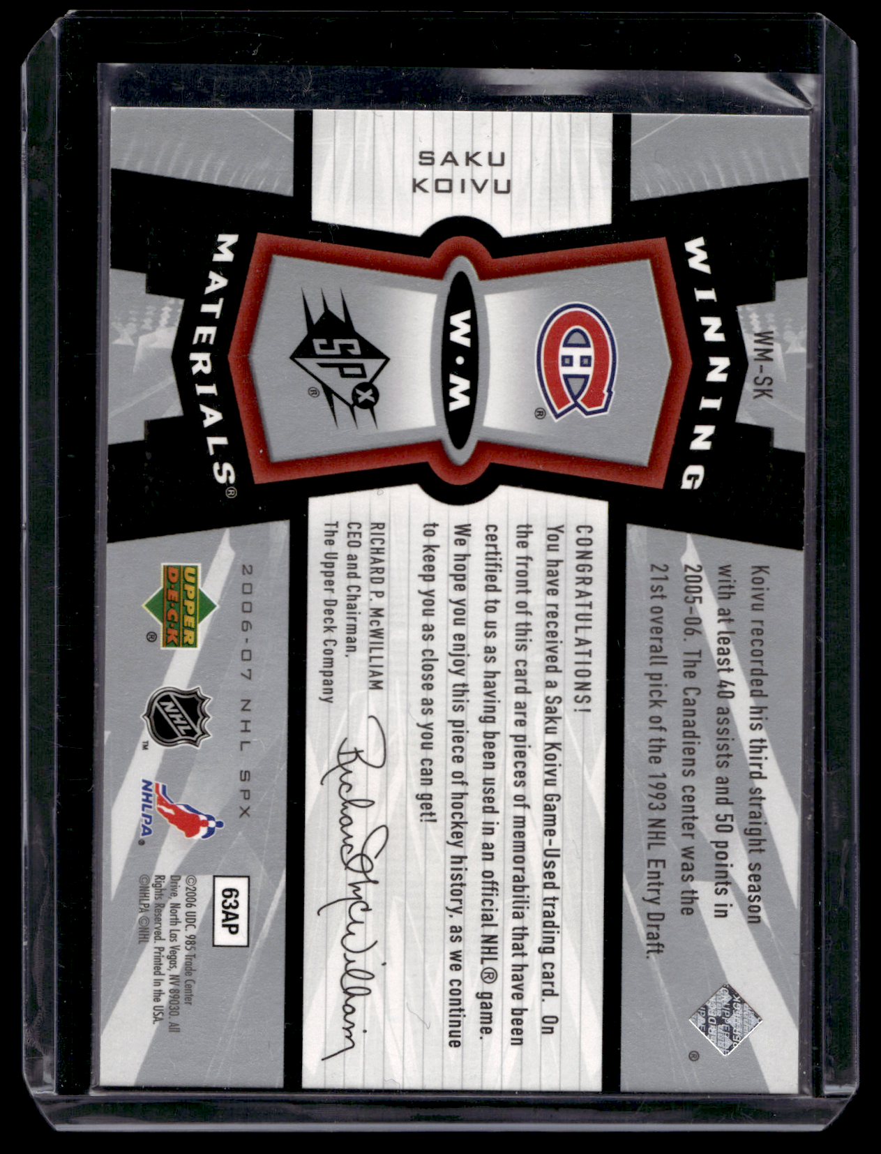 2006-07 Upper Deck SPx - Winning Materials - Spectrum - Saku Koivu #WM-SK /99