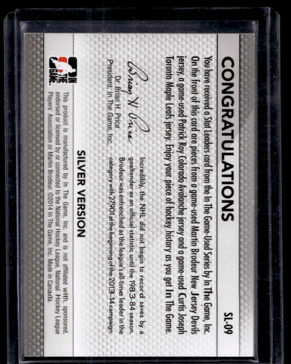 2013-14 In the Game-Used - Stat Leaders - Silver - Martin Brodeur / Patrick Roy / Curtis Joseph #SL-09 PR60