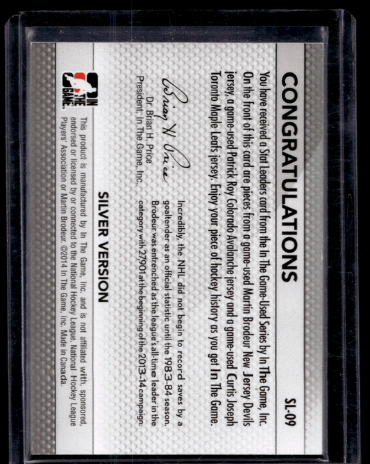 2013-14 In the Game-Used - Stat Leaders - Silver - Martin Brodeur / Patrick Roy / Curtis Joseph #SL-09 PR60