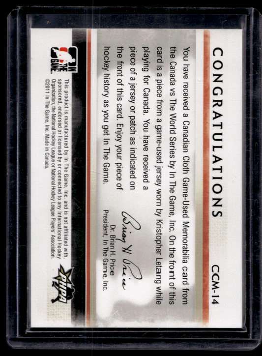 2011-12 In the Game Canada VS the World - Canadian Cloth - Silver Jersey - Kristopher Letang #CCM-14