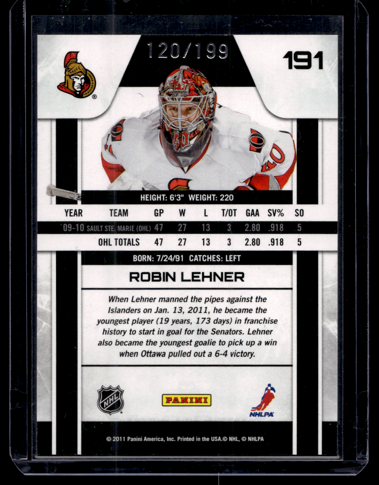 2010-11 Panini Zenith - Dare to Tear SP Rookies - Robin Lehner #191 /199 RC