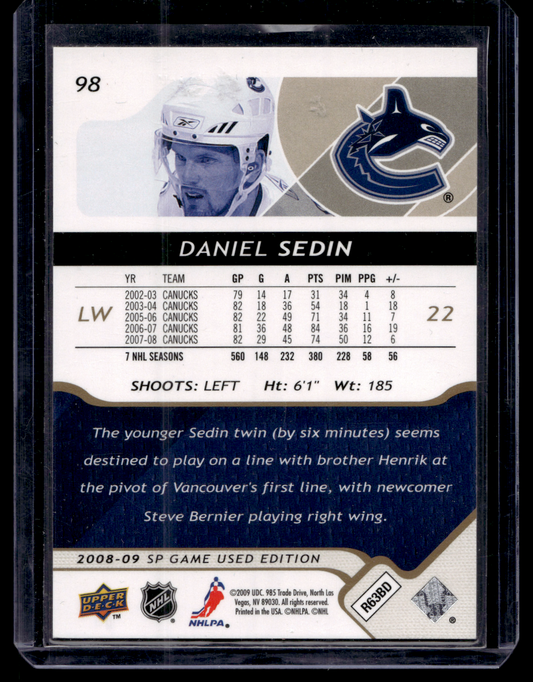 2008-09 Upper Deck SP Game Used Edition - Gold - Daniel Sedin #98 /100