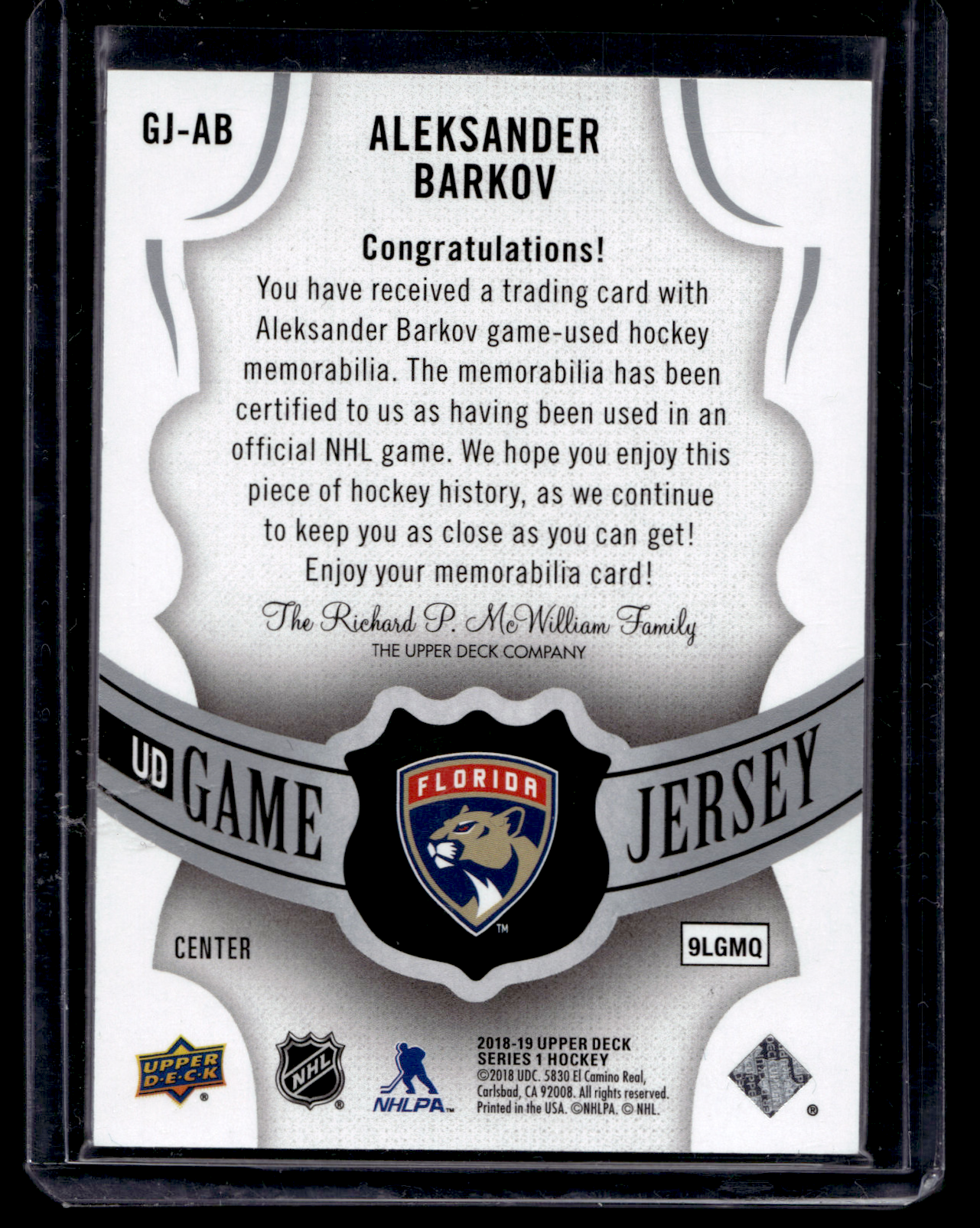 2018-19 Upper Deck - UD Game Jersey - Aleksander Barkov #GJ-AB