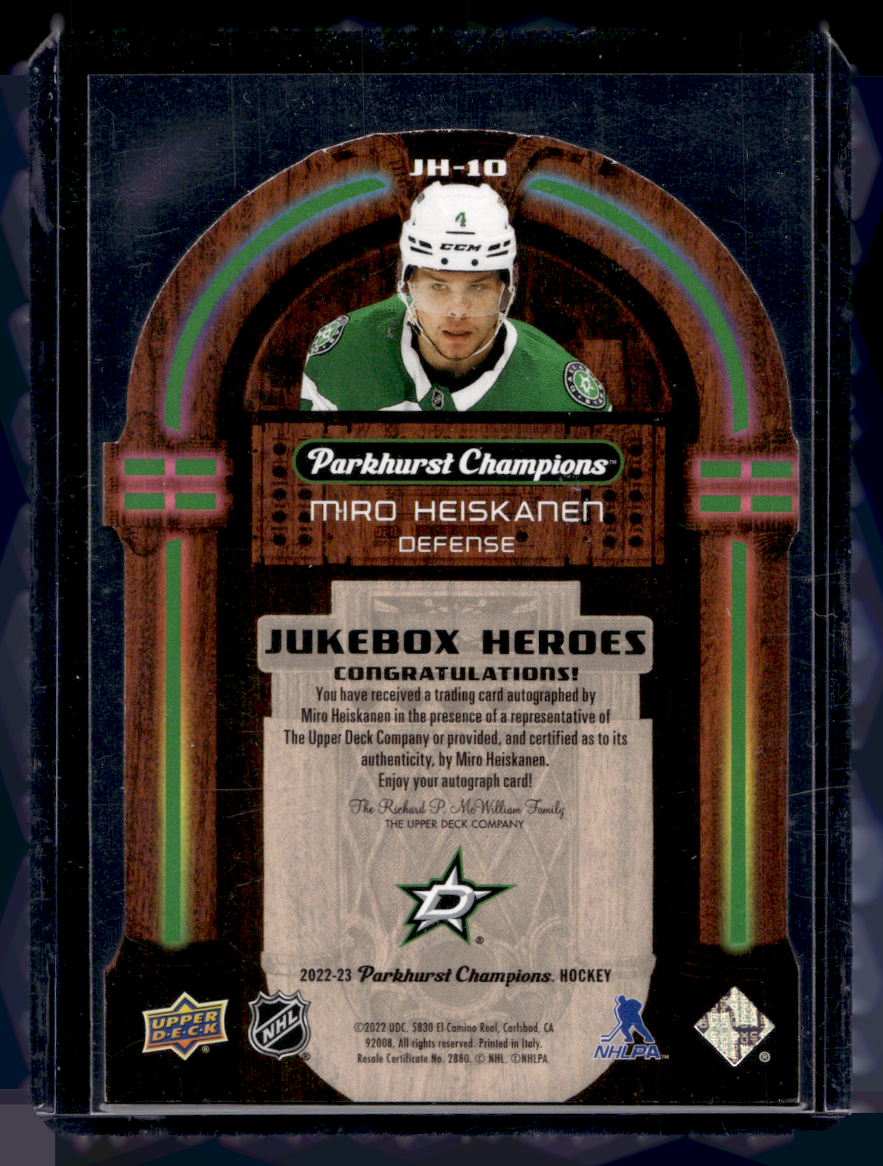 2022-23 Upper Deck Parkhurst Champions - Juke Box Heroes - Autographs - Miro Heiskanen #JH-10 /25