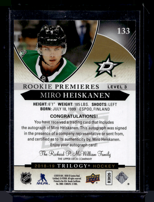2018-19 Upper Deck Trilogy - Rare Rookies Auto - Miro Heiskanen #133 /49 RC
