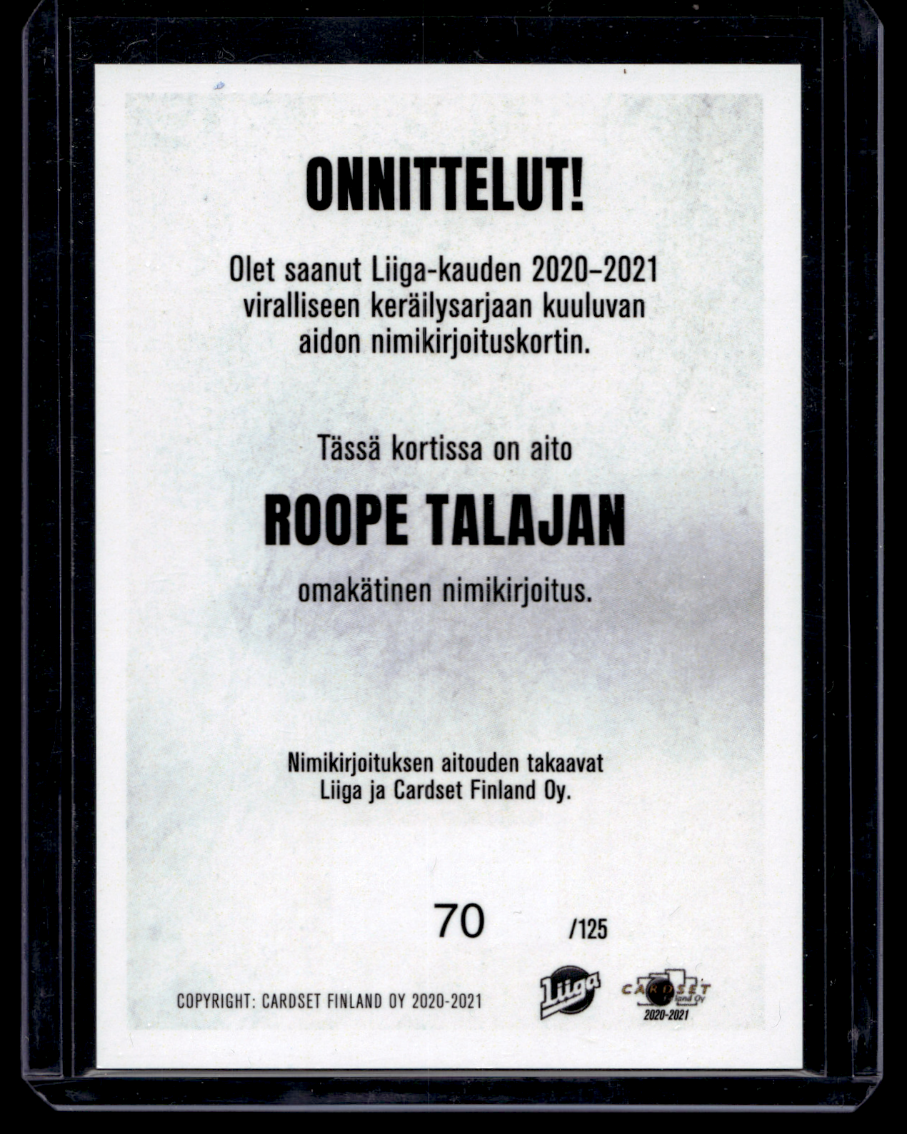 2020-21 Cardset Signature - Roope Talaja /125
