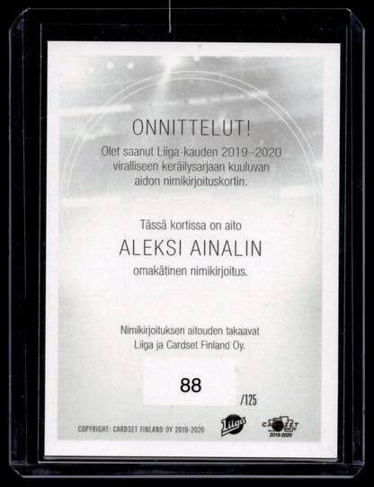 2019-20 Cardset Signature - Aleksi Ainali /125