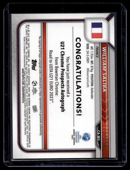 2022-23 Bowman Chrome Road to UEFA Under21 Championship - Chrome Prospect Autographs - Purple Refractor - William Saliba #CA-WS /250