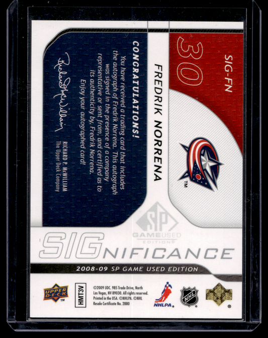 2008-09 Upper Deck SP Game Used Edition - SIGnificance - Fredrik Norrena #SIG-FN /50