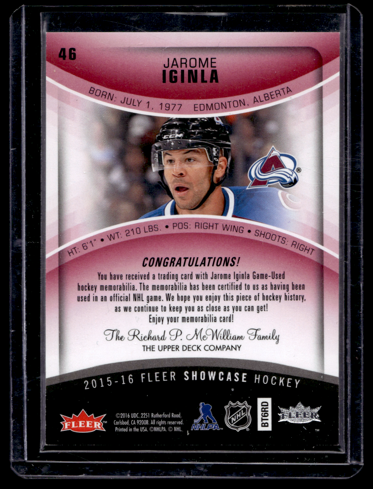 2015-16 Upper Deck Fleer Showcase - Red Glow - Materials - Jarome Iginla #46 /99
