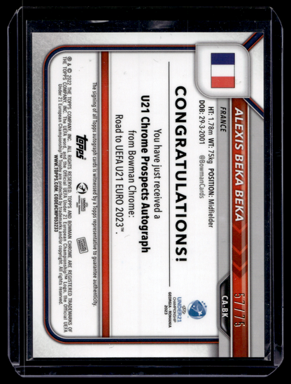 2022-23 Bowman Chrome Road to UEFA Under21 Championship - Chrome Prospect Autographs - Orange Refractor - Alexis Beka Beka #CA-BK /75 RY
