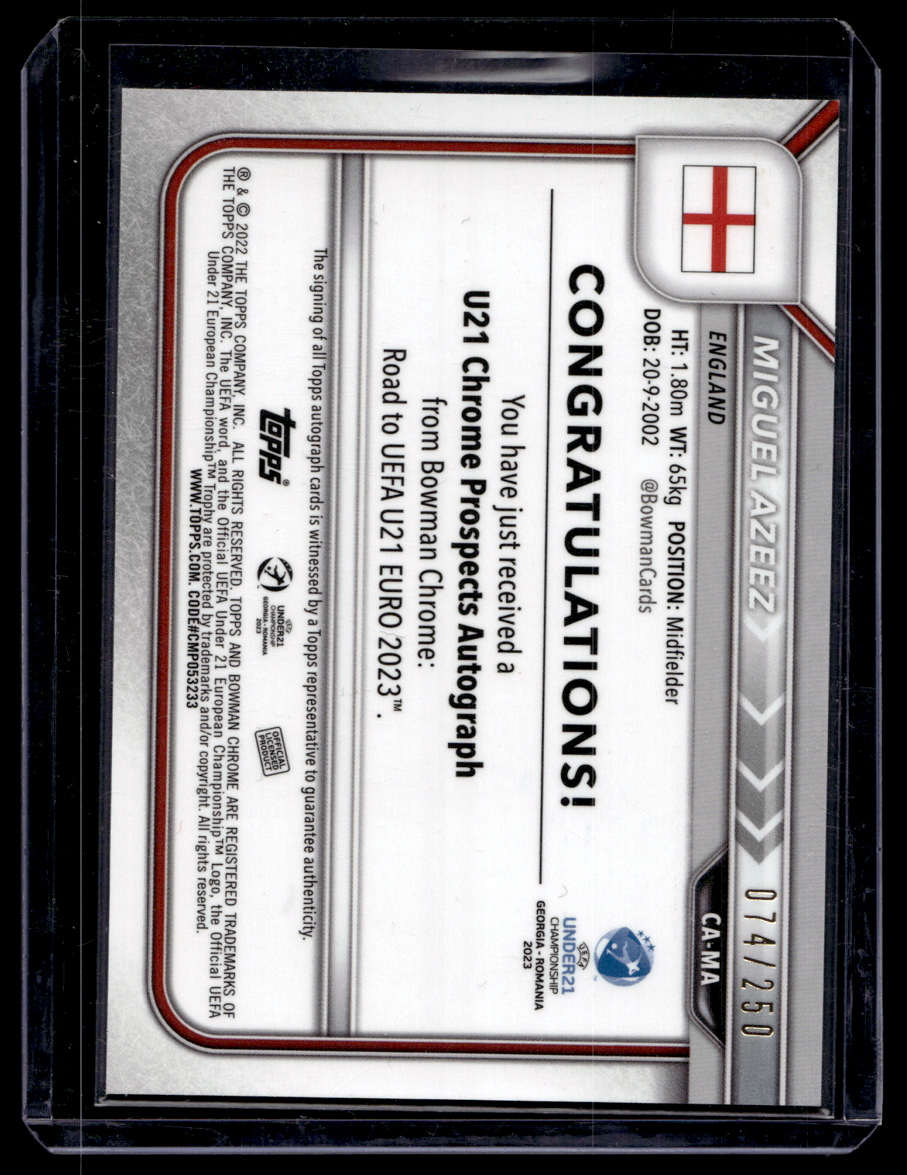 2022-23 Bowman Chrome Road to UEFA Under21 Championship - Chrome Prospect Autographs - Purple Refractor - Miguel Azeez #CA-MA /250