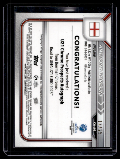 2022-23 Bowman Chrome Road to UEFA Under21 Championship - Chrome Prospect Autographs - Orange Refractor - Anthony Gordon #CA-AG /25 RY