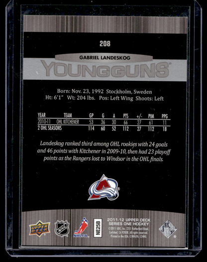 2011-12 Upper Deck - Young Guns - Gabriel Landeskog #208 RC