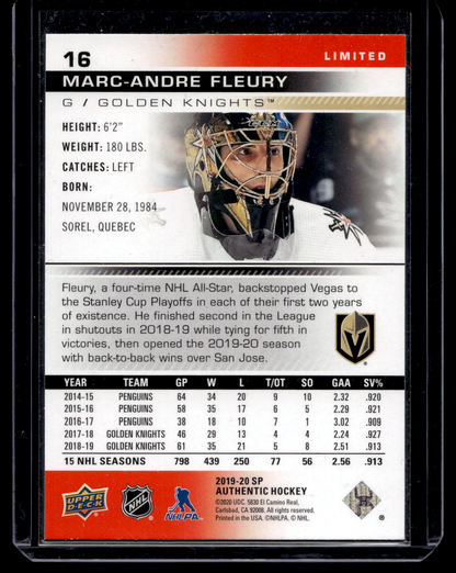 2019-20 Upper Deck SP Authentic - Limited Red - Marc-Andre Fleury #16