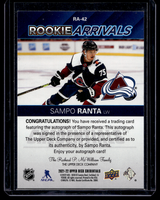 2021-22 Upper Deck Credentials - Rookie Arrivals - Autographs - Sampo Ranta #RA-42 RY