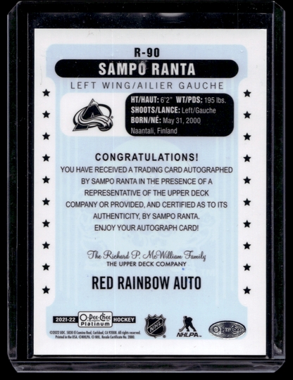 2021-22 Upper Deck OPC Platinum - Retro - Rainbow Red Autographs -  Rookies - Sampo Ranta #R-90 RY