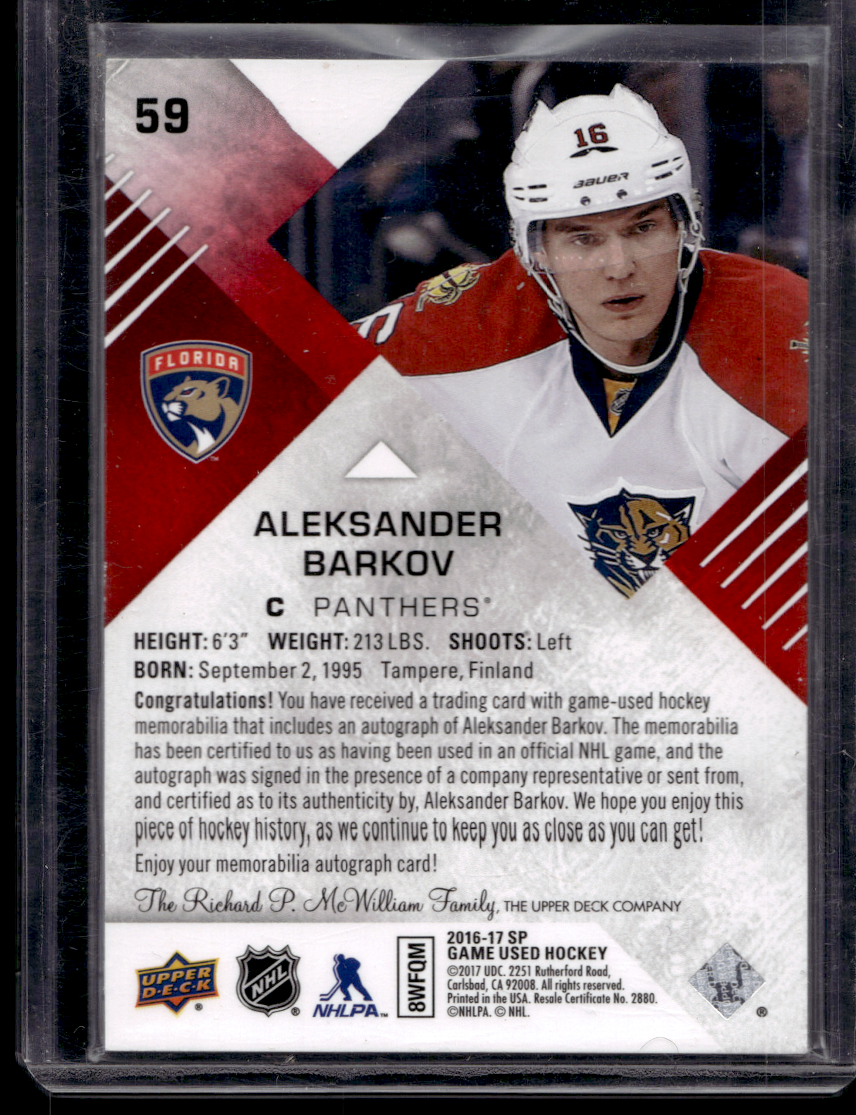 2016-17 Upper Deck SP Game Used - Red Auto Material - Aleksander Barkov #59